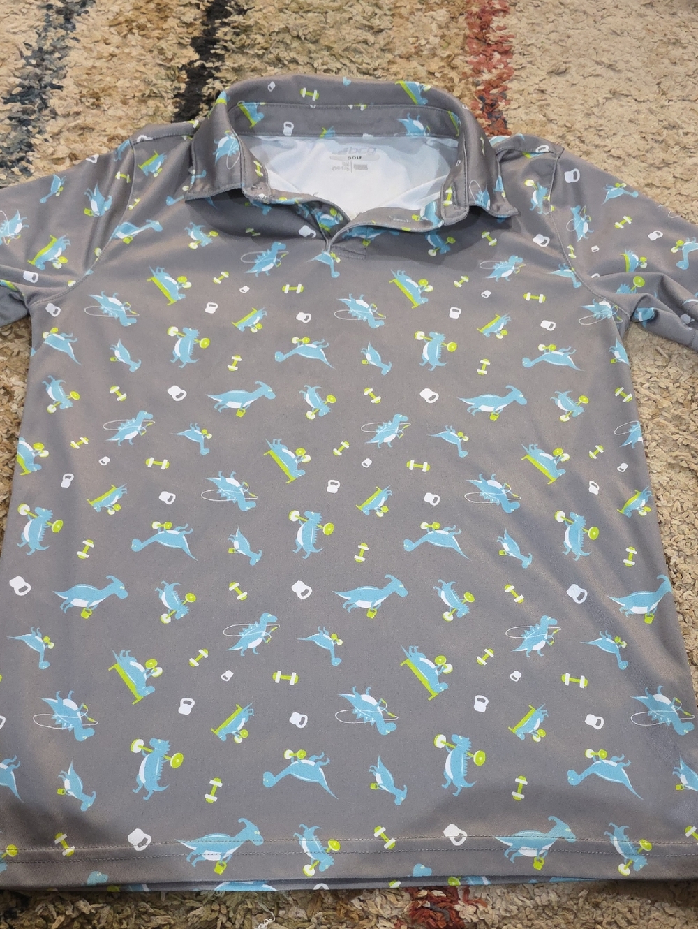 bcg Gray Polo with Blue & Lime Fitness Dinosaur Print